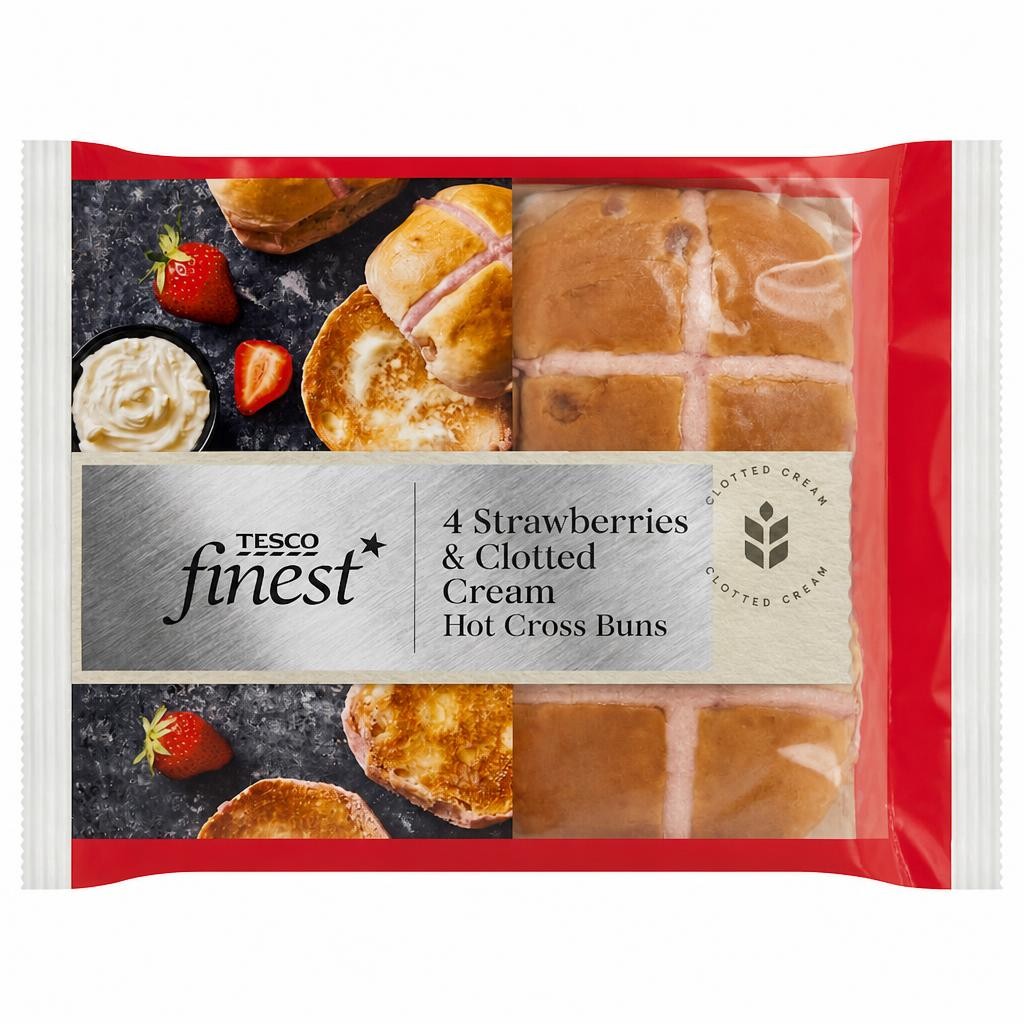 Tesco Finest Strawberries & Clotted Cream Hot Cross Buns 4 Pack