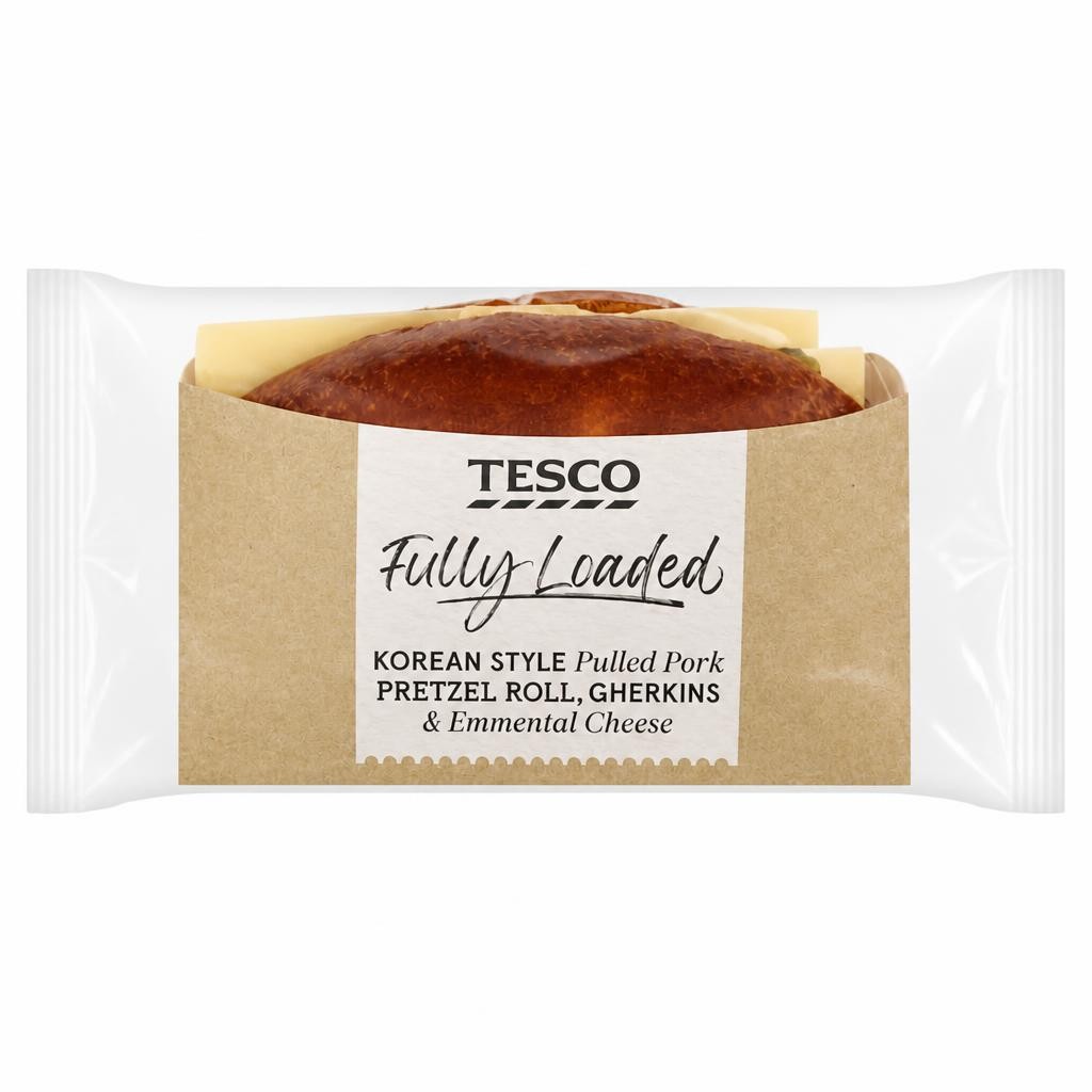 Tesco Fully Loaded Korean Style Pulled Pork Pretzel Roll, Gherkins and Emmental Cheese