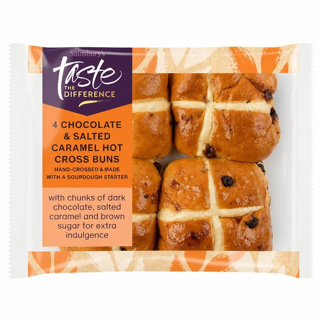 Sainsbury's 4 Chocolate & Salted Caramel Hot Cross Buns, Taste the Difference 280g