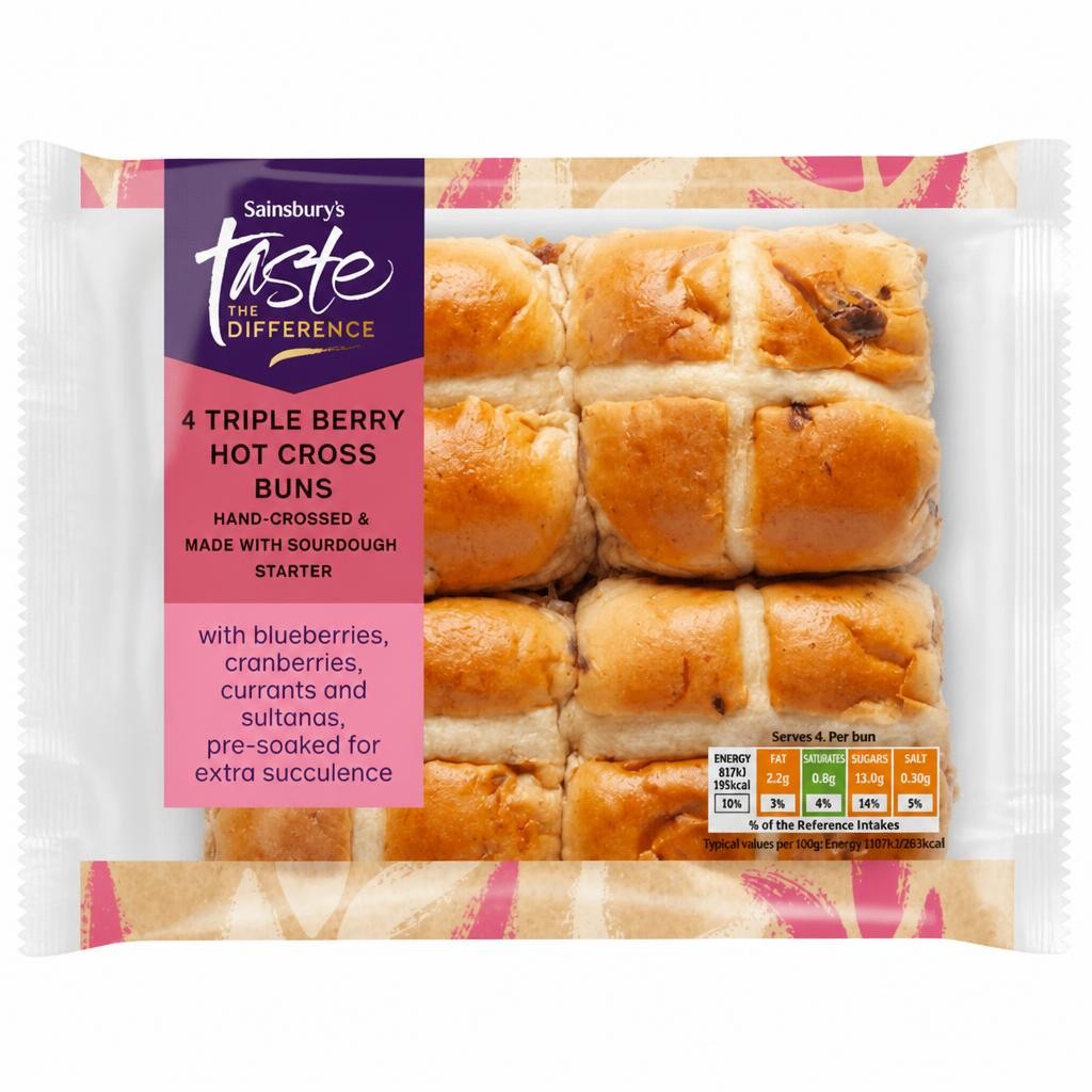 Sainsbury's 4 Triple Berry Hot Cross Buns, Taste the Difference 280g