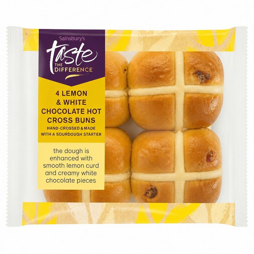 Sainsbury's 4 Lemon & White Chocolate Hot Cross Buns, Taste the Difference 260g