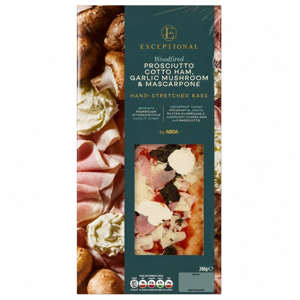 Exceptional by ASDA Woodfired Prosciutto Соttо Наm, Garlic Mushroom & Mascarpone Pizza 246g