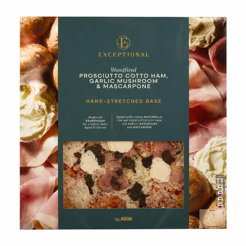Exceptional by ASDA Woodfired Prosciutto Cotto Ham, Garlic Mushroom & Mascarpone Pizza 500g