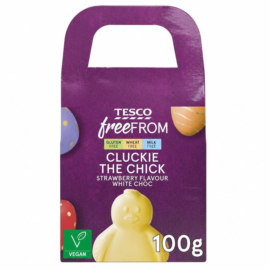 Tesco Free From Cluckie The Chick Strawberry Flavour White Choc 100g
