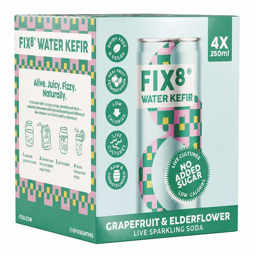 Fix8 Water Kefir Grapefruit & Elderflower Live Sparkling Soda 4 x 250ml