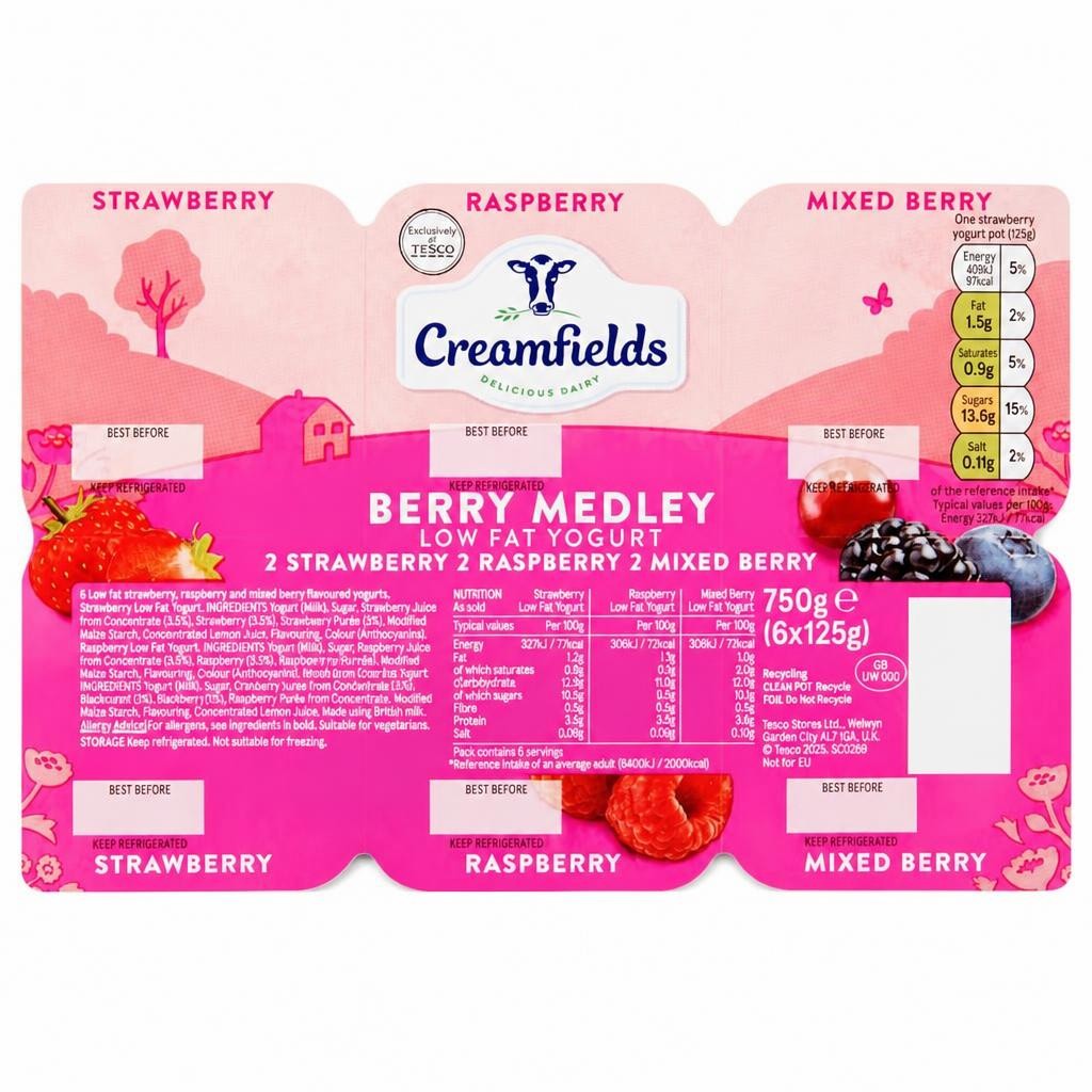 CREAMFIELDS BERRY MEDLEY LOW FAT YOGURT 6X125G