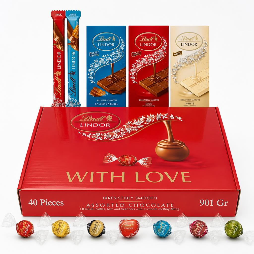 Lindt With Love Chocolates Gift Box - 901g (40-Piece Set) - Assorted Chocolate Bars & Truffles, Lindor Chocolate Hamper, Birthday Gifts for Women and Men, Thank You or Valentines Gifts