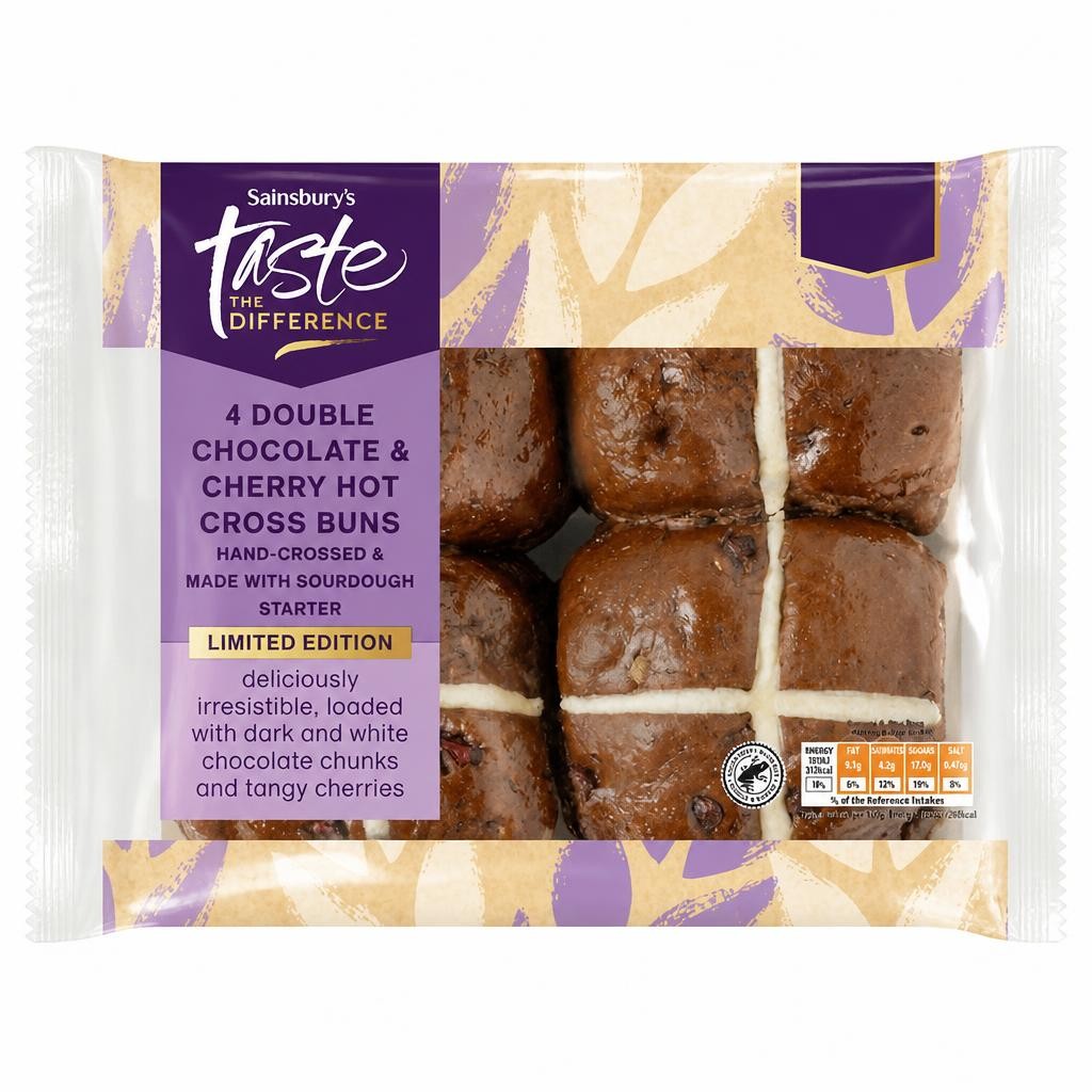 Sainsbury's 4 Double Chocolate & Cherry Hot Cross Buns Limited Edition, Taste the Difference 260g