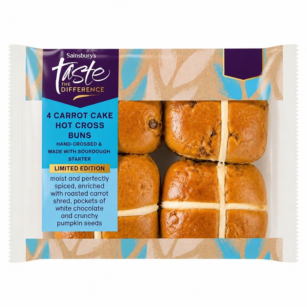 Sainsbury's 4 Carrot Cake Hot Cross Buns Limited Edition, Taste the Difference 260g