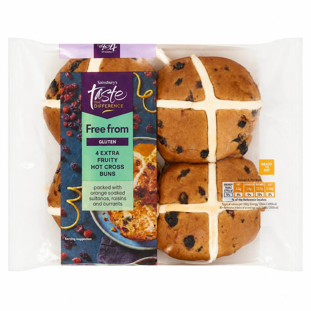 Sainsbury's Free From 4 Extra Fruity Hot Cross Buns, Taste the Difference 260g