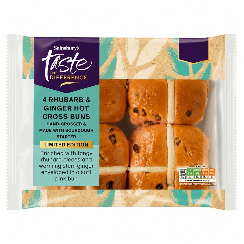 Sainsbury's 4 Rhubarb & Ginger Hot Cross Buns Limited Edition, Taste the Difference 260g