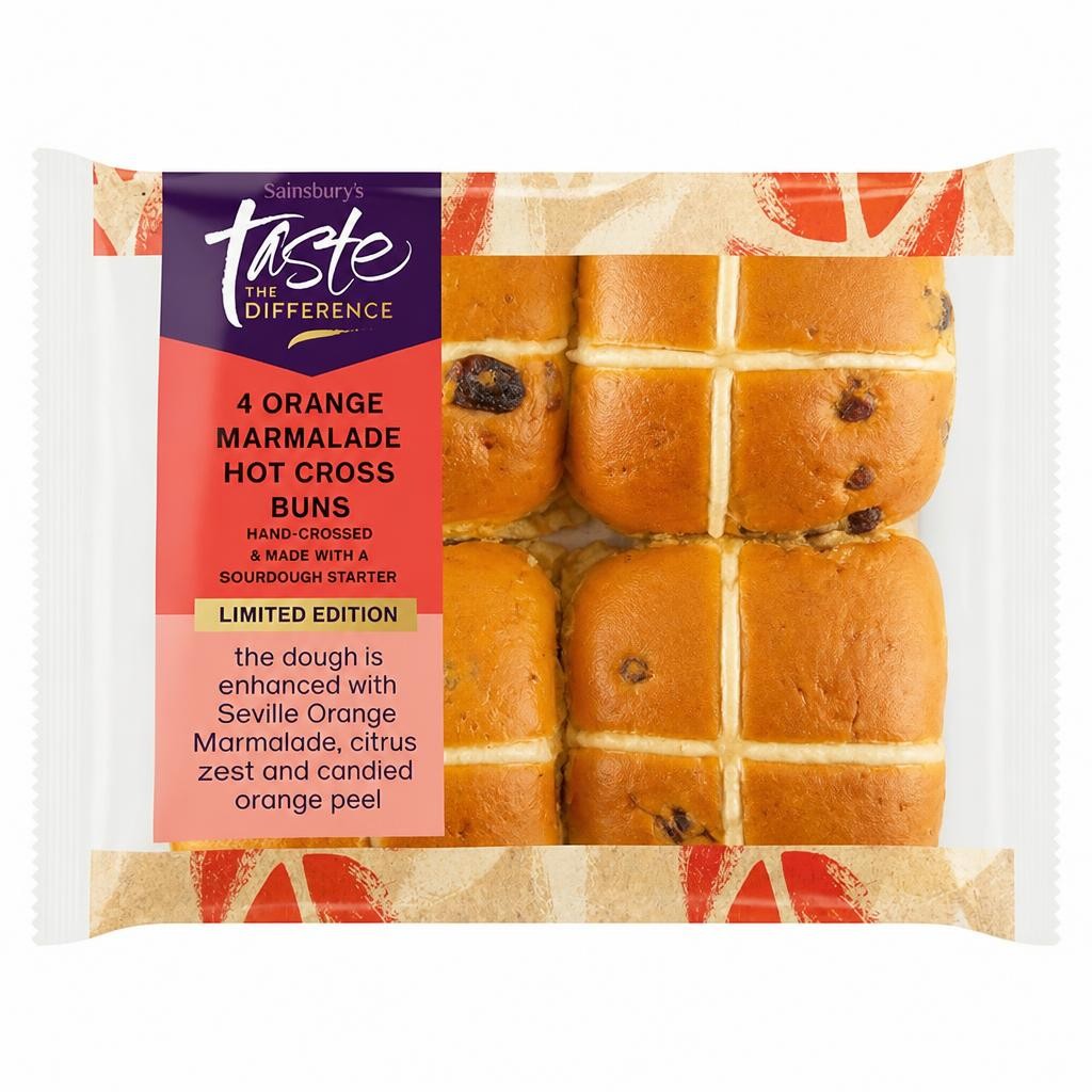 Sainsbury's 4 Orange Marmalade Hot Cross Buns Limited Edition, Taste the Difference 260g