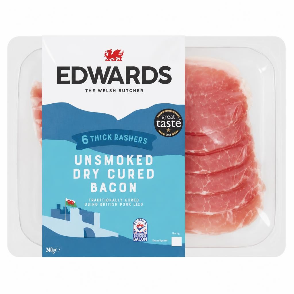 Edwards 6 Thick Rashers Unsmoked Dry Cured Bacon 240g