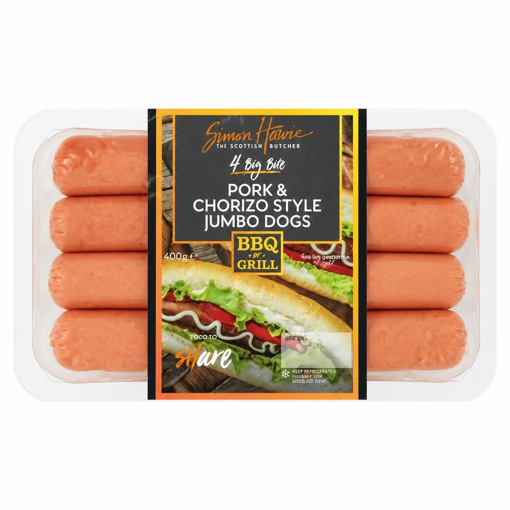Simon Howie The Scottish Butcher 4 Big Bite Pork & Chorizo Style Jumbo Dogs 400g