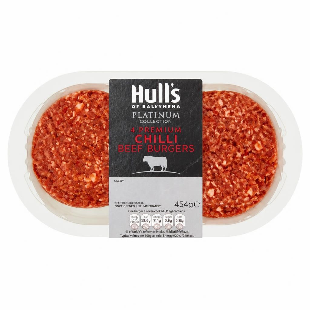 Hull's of Ballymena Platinum Collection 4 Premium Chilli Beef Burgers 454g