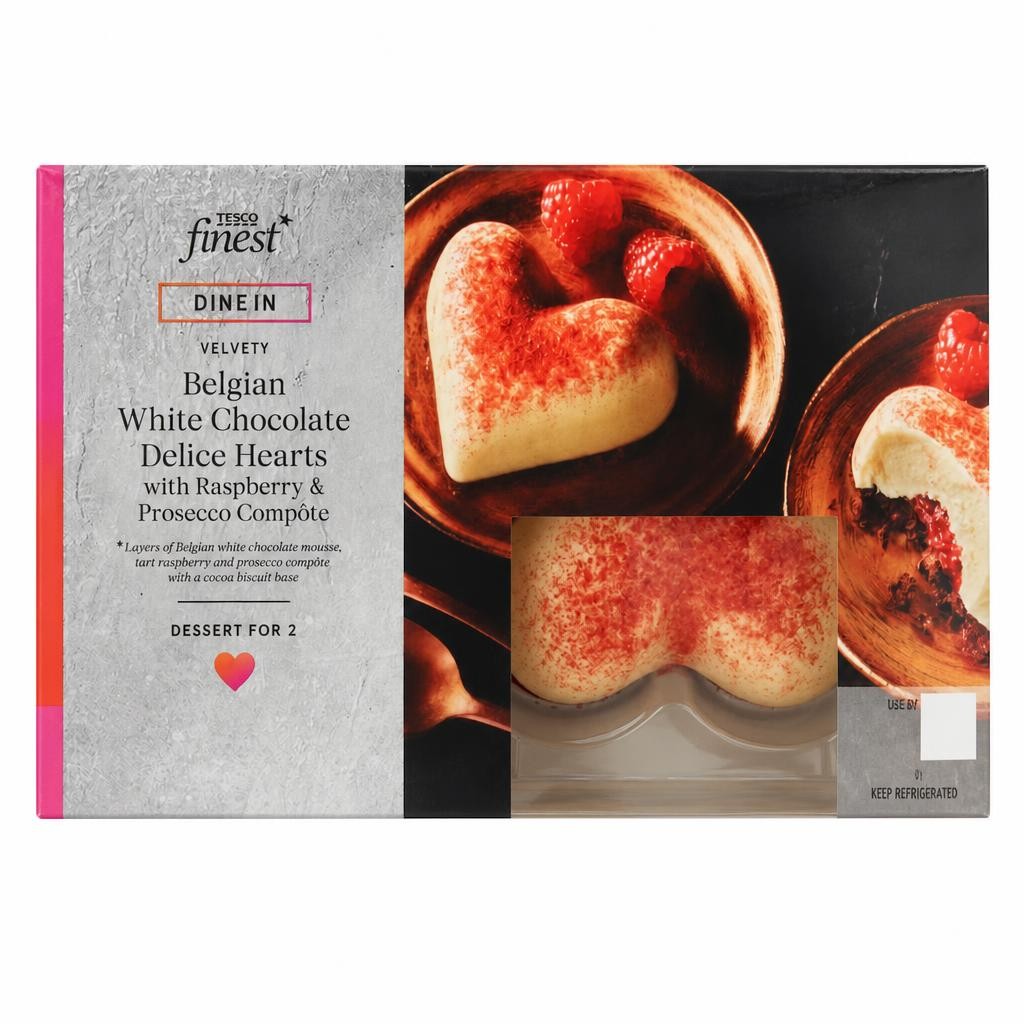 Tesco Finest Dine In Belgian White Chocolate Delice Hearts with Raspberry & Prosecco Compote 128g
