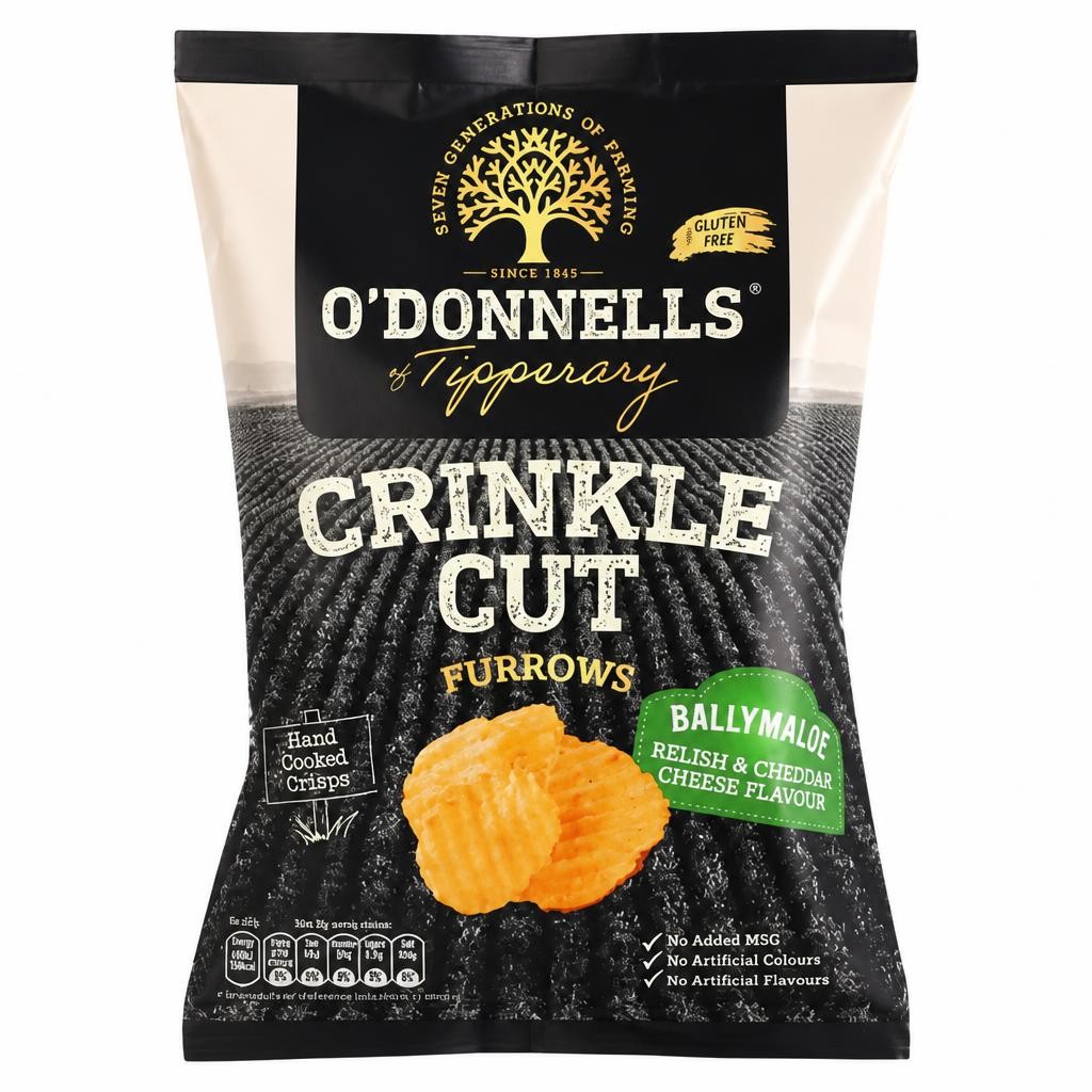 O'Donnells Crinkle Cut Furrows Ballymaloe Relish & Cheddar Cheese Flavour Hand Cooked Crisps 125g