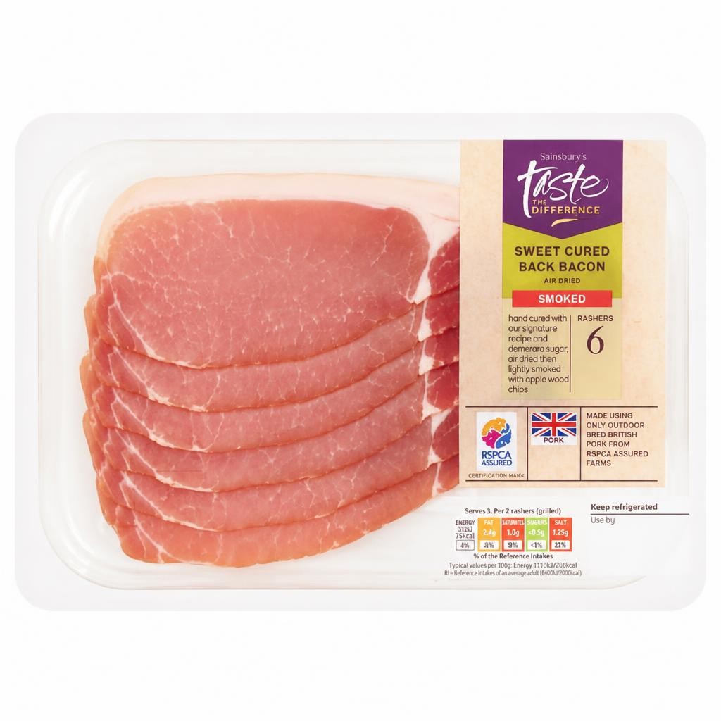 Sainsbury's Smoked Air Dried Sweet Cured Back Bacon Rashers, Taste the Difference x6 220g