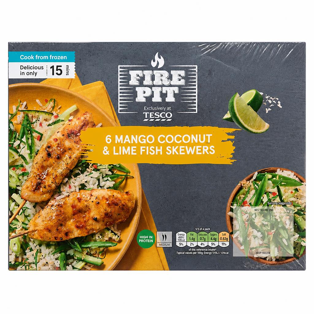 Tesco Firepit 6 Mango Coconut Lime Fish Skewers 300G