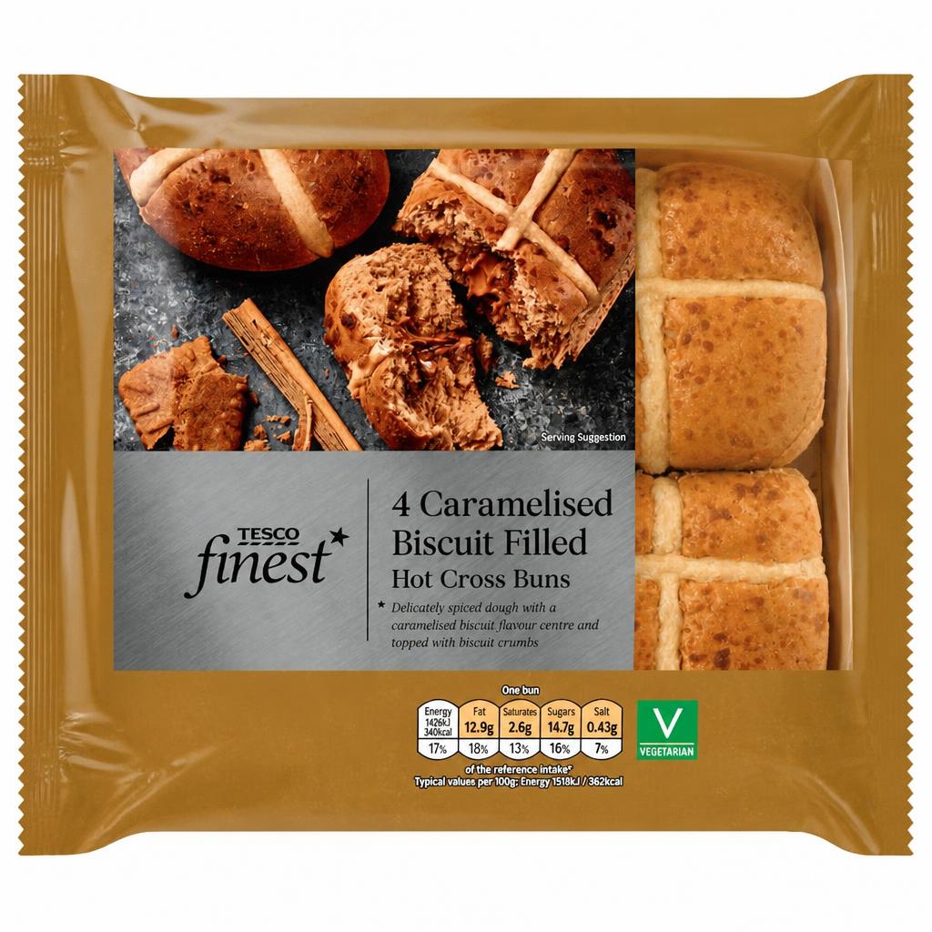 Tesco Finest 4 Caramelised Biscuit Hot Cross Buns