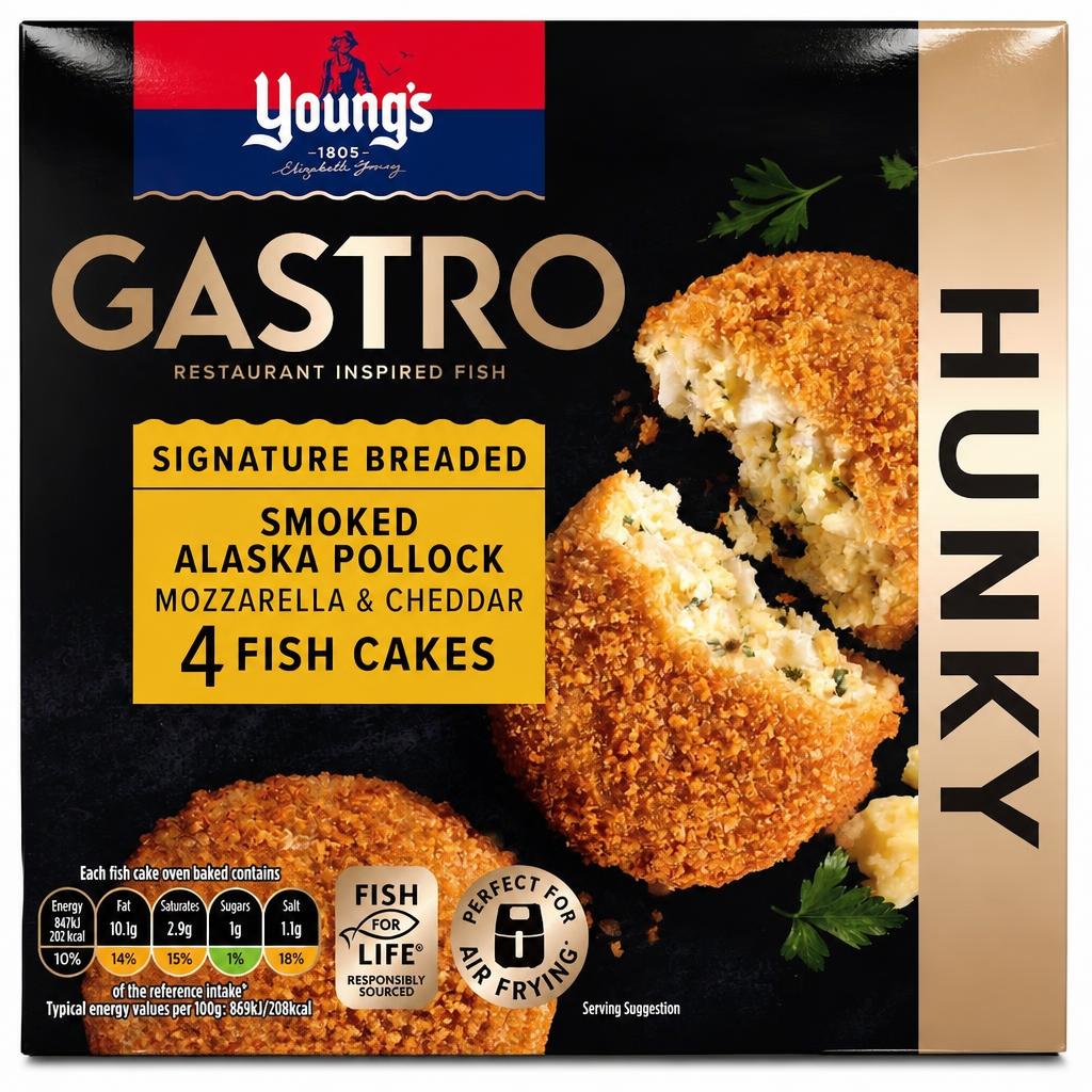 Young's Gastro Signature Breaded Smoked Alaska Pollock, Mozzarella & Cheddar 4 Fish Cakes 400g