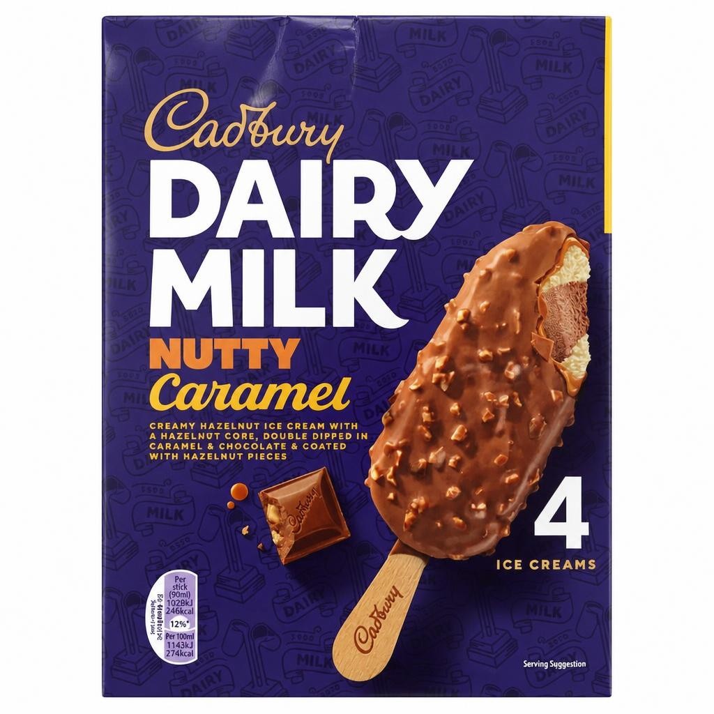 Cadbury Dairy Milk Nutty Caramel Ice Cream Sticks 4x90ml