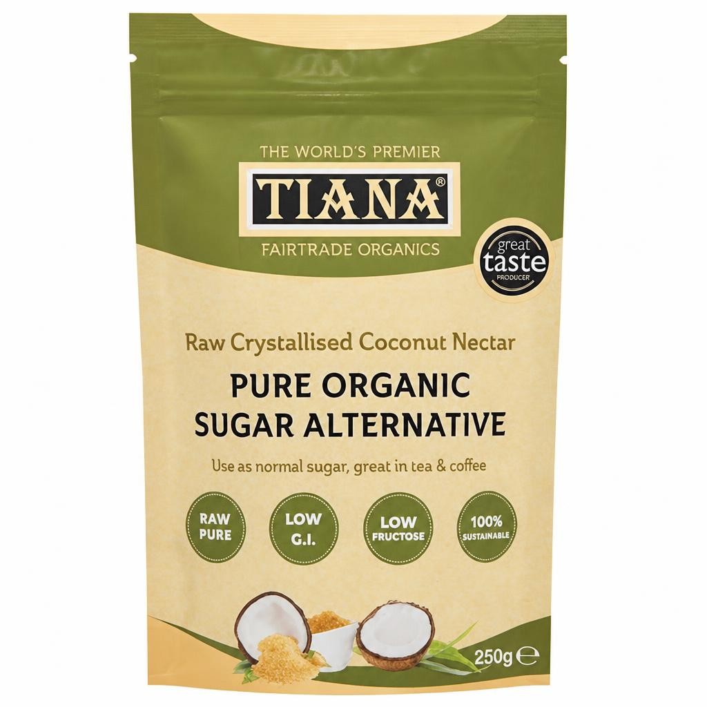 TIANA Fairtrade Organic  Crystallised Raw Coconut Nectar 250g P4 | Brown | Light Golden | Caramel | 4
