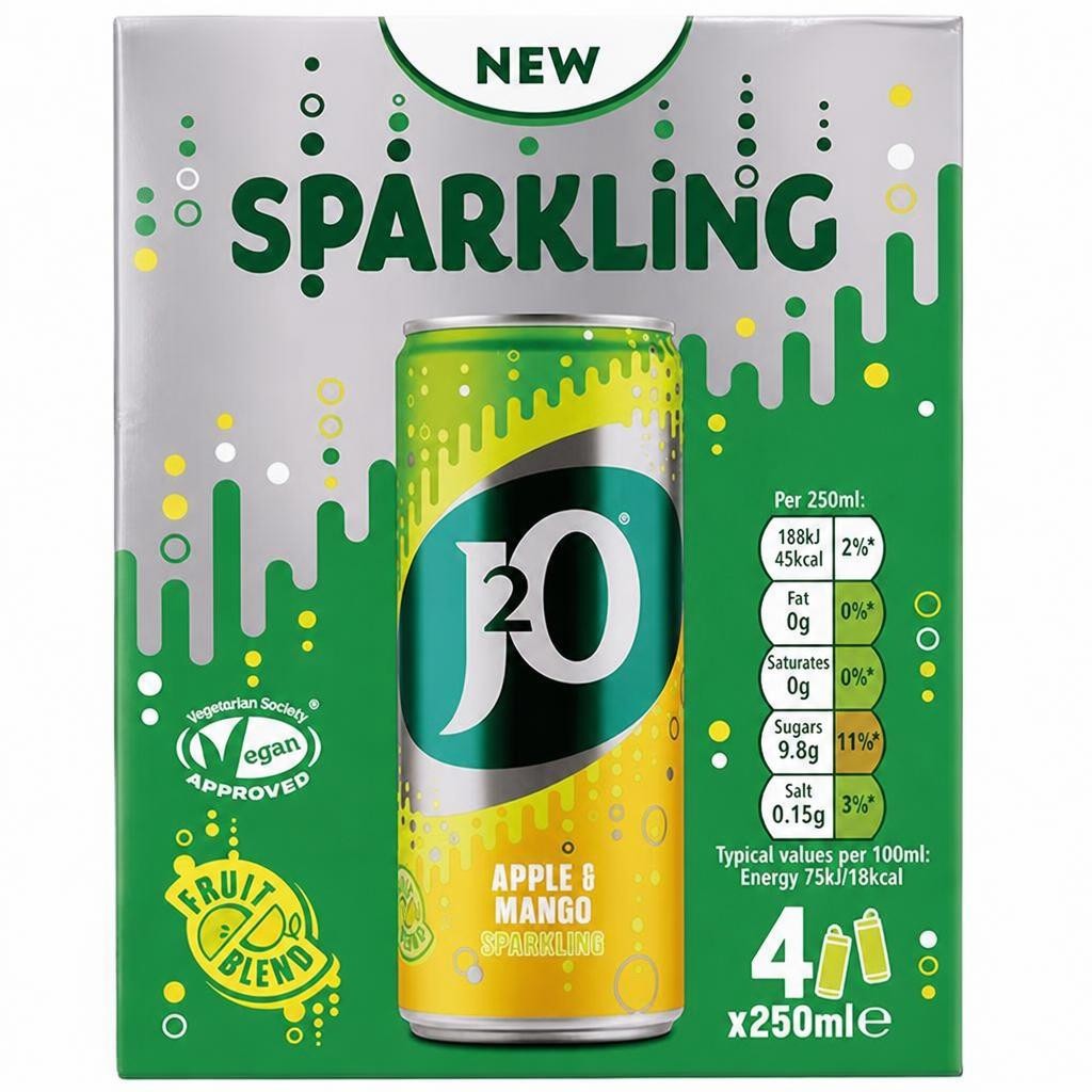 J2O 4 x 250ml Sparkling Apple & Mango Soft Drink Cans