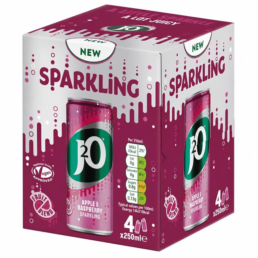 J2O 4 x 250ml Sparkling Apple & Raspberry Soft Drink Cans