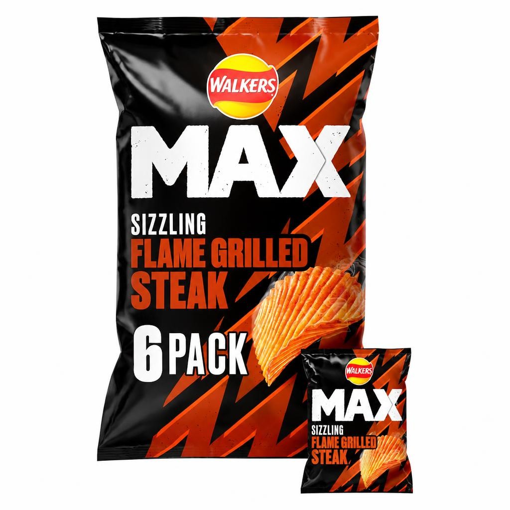 Walkers MAX Sizzling Flame Grilled Steak Crisps 6 x 27g