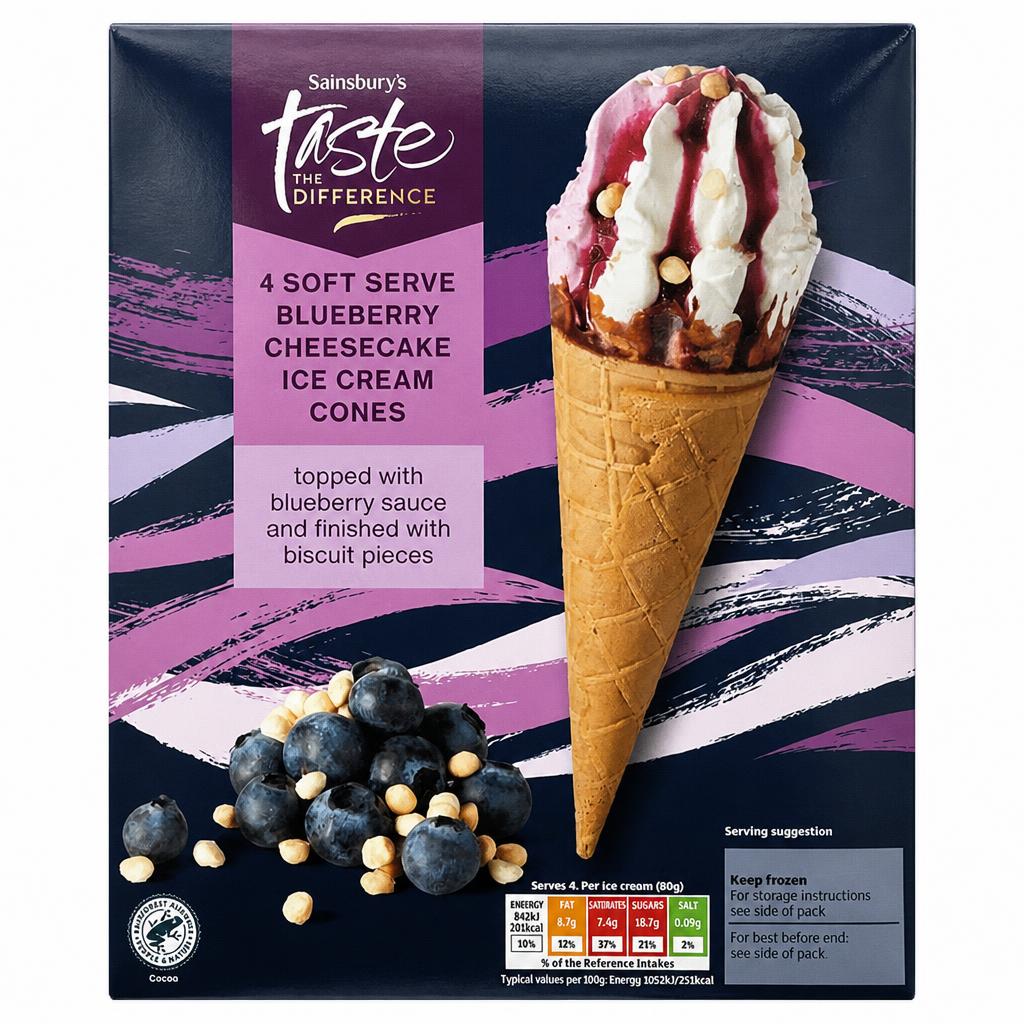 Sainsbury's 4 x 140ml Soft Serve Blueberry Cheesecake Ice Cream Cones, Taste the Difference