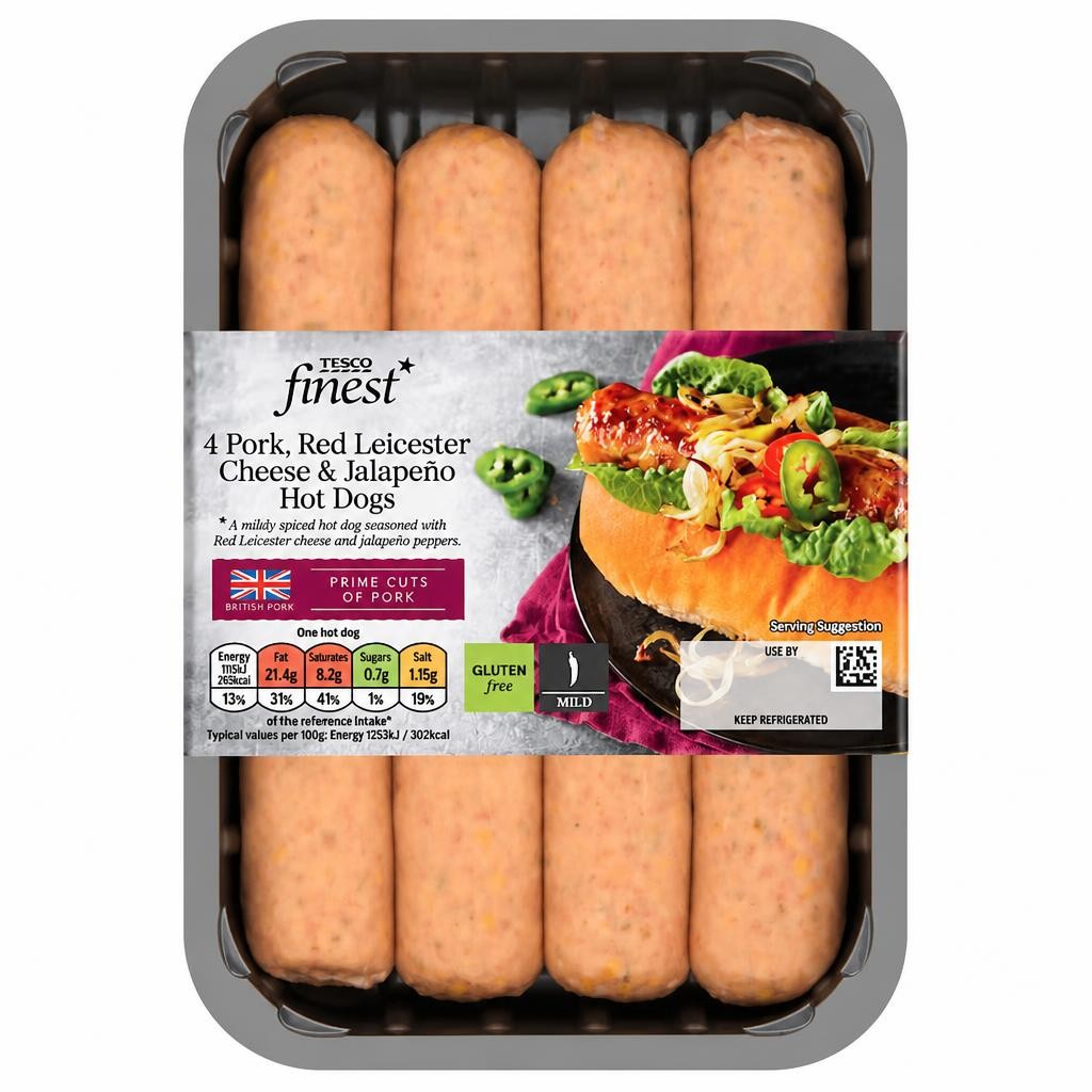 Tesco Finest 4 Pork Cheese & Jalapeno Hot Dogs 400G
