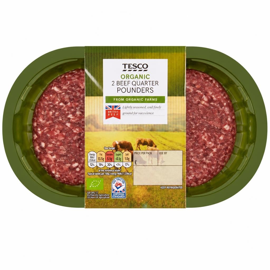 Tesco Organic Beef Quarter Pounders 2 Pack 227g