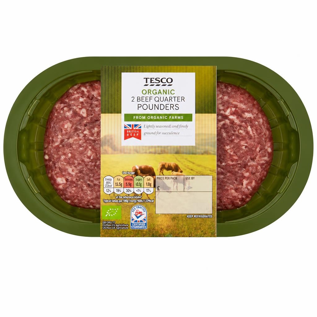 Tesco Organic Beef Quarter Pounders 2 Pack 227g