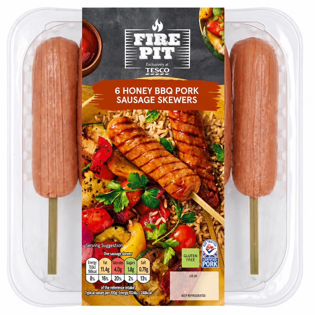Tesco FIRE PIT 6 Honey BBQ Pork Sausage Skewers 450g