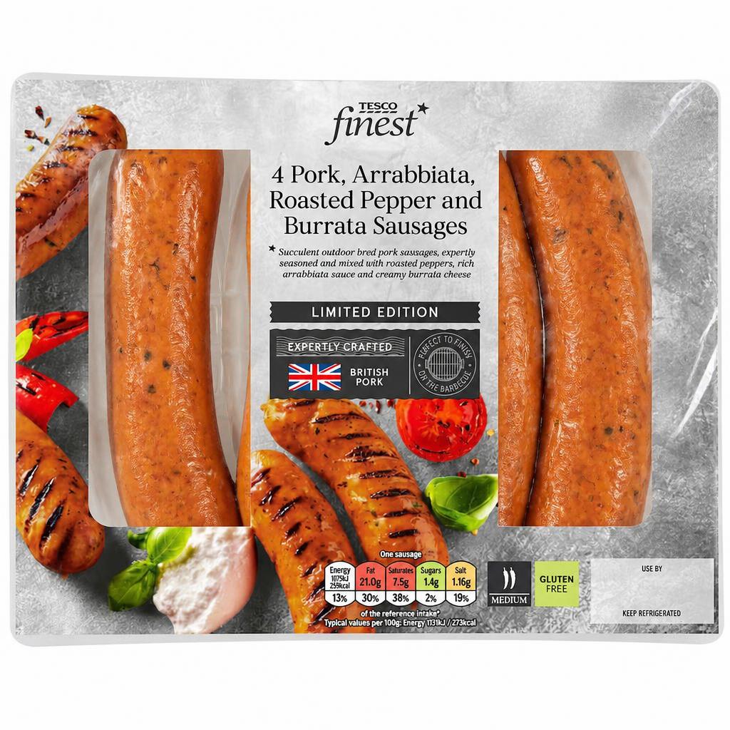 Tesco Finest BBQ 4 Pork, Arrabiata, Roasted Peppers & Burrata Sausage 440g