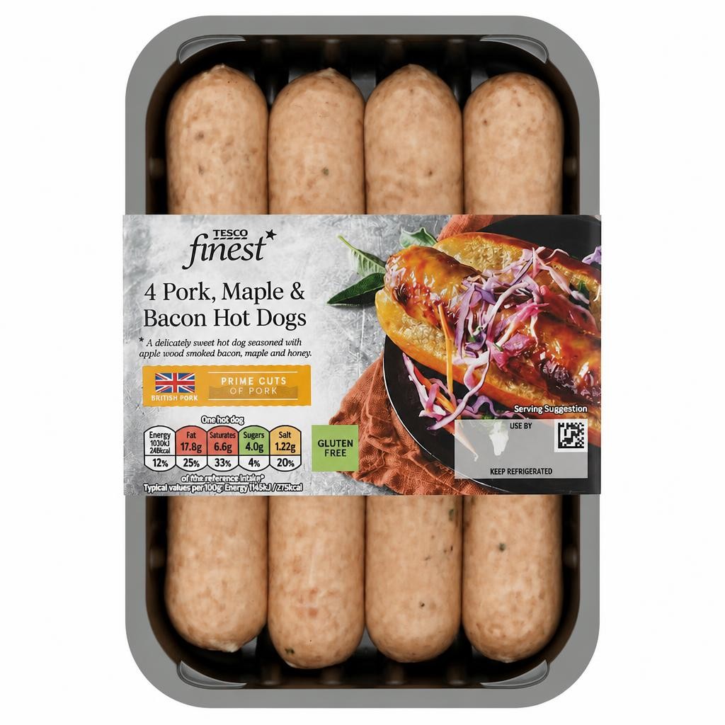 Tesco Finest 4 Pork Maple & Bacon Hot Dogs 400G