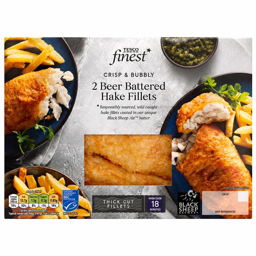 Tesco Finest 2 Beer Battered Hake Fillets 365g