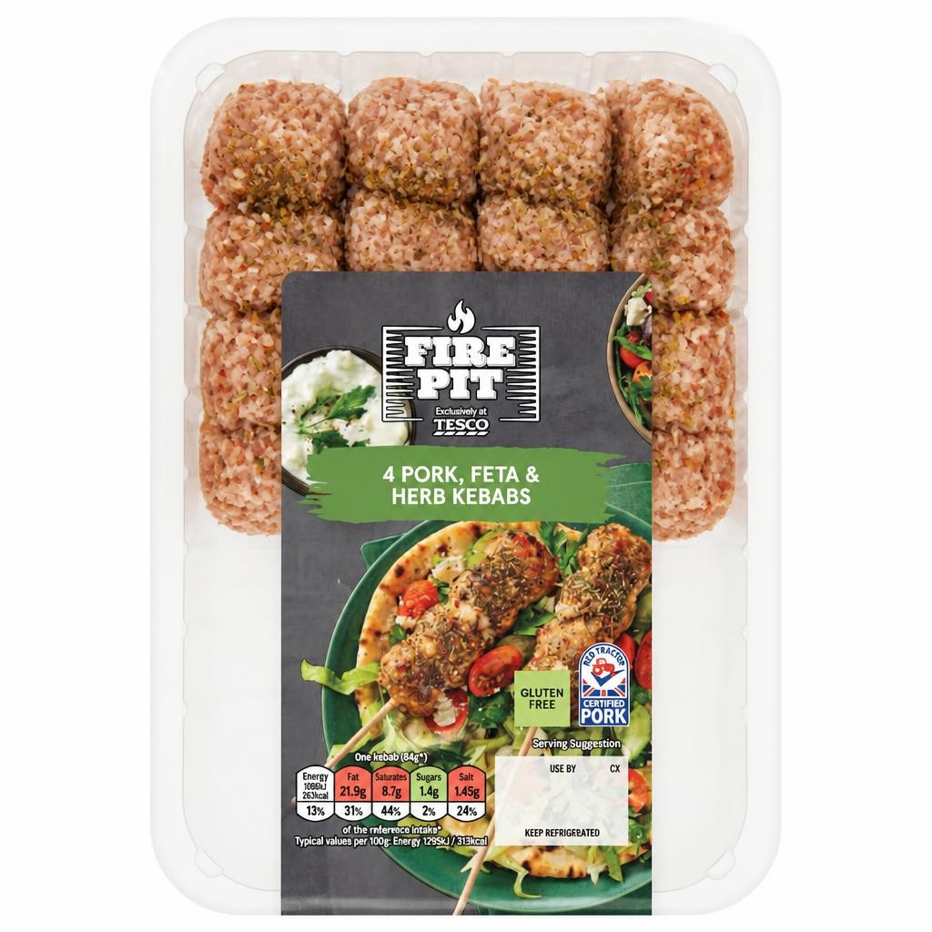 Tesco Fire Pit 4 Pork, Feta & Herb Kebabs 400G