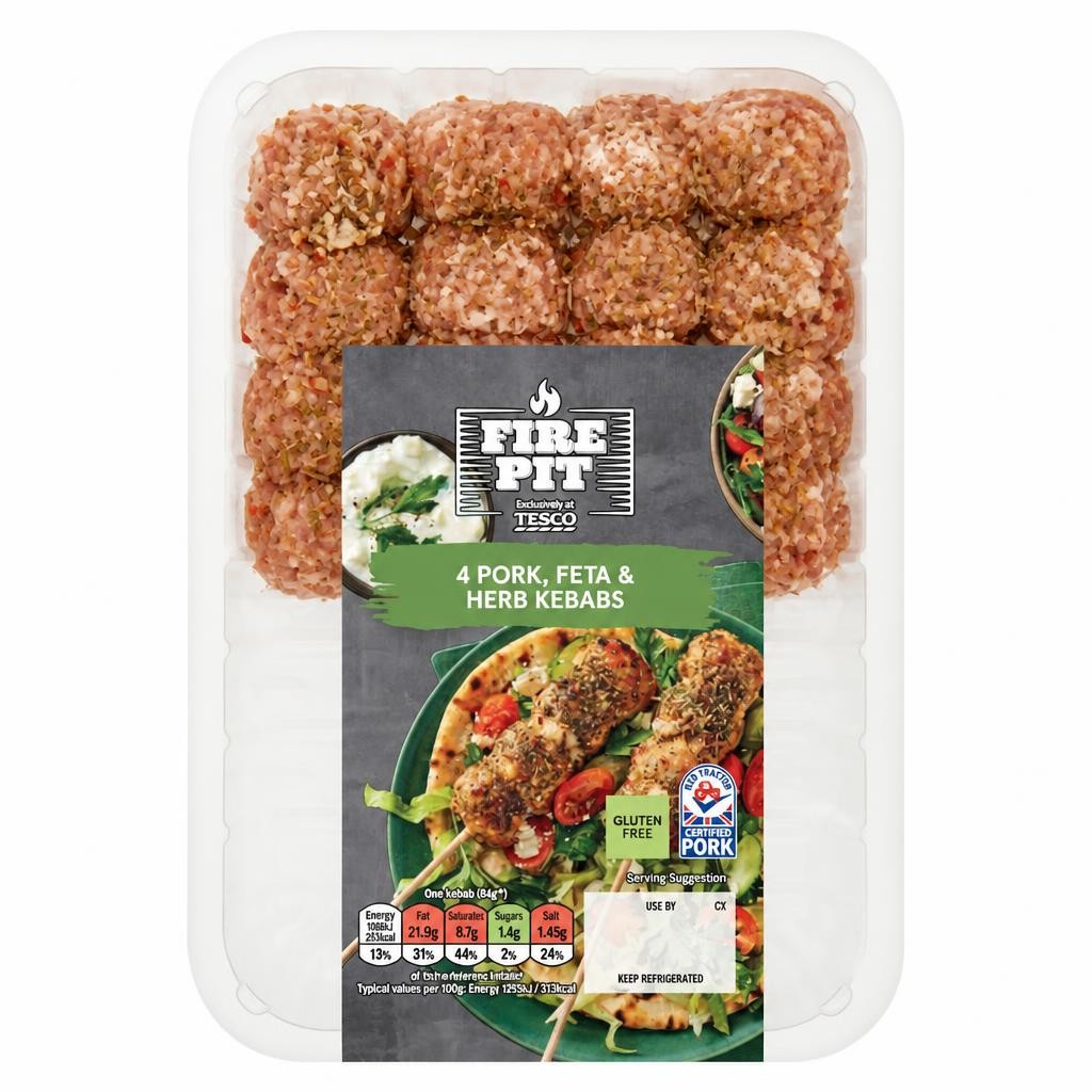 Tesco Fire Pit 4 Pork, Feta & Herb Kebabs 400G