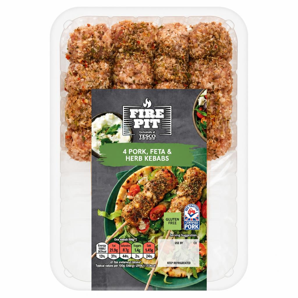 Tesco Fire Pit 4 Pork, Feta & Herb Kebabs 400G