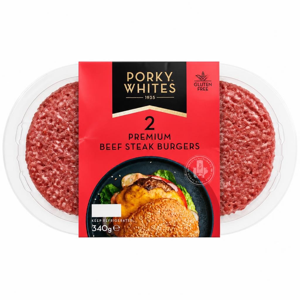 Porky Whites 2 Premium Beef Steak Burgers 340g