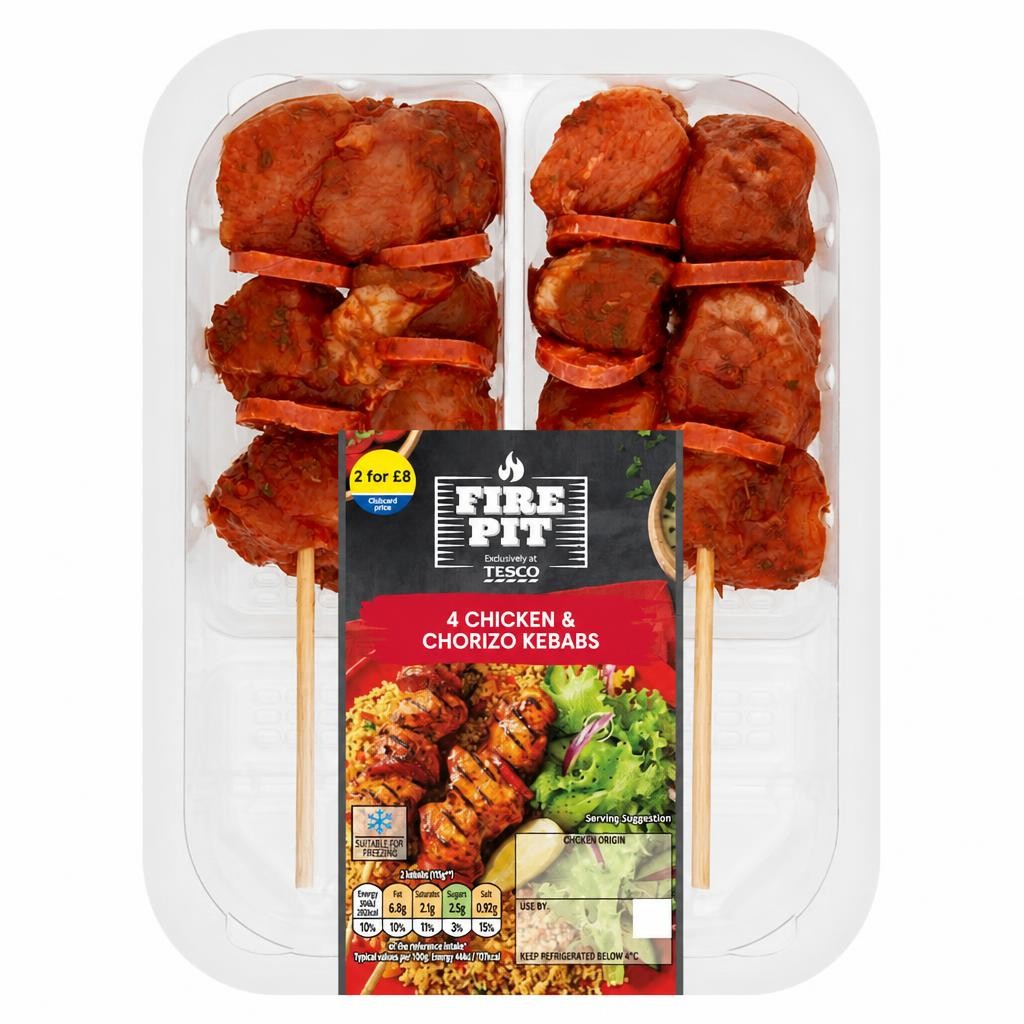 Tesco 4 Bbq Chicken & Chorizo Kebabs 272G