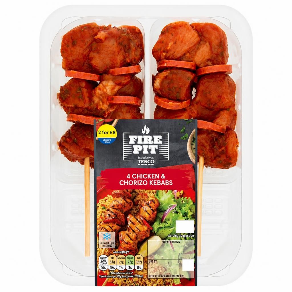 Tesco 4 Bbq Chicken & Chorizo Kebabs 272G