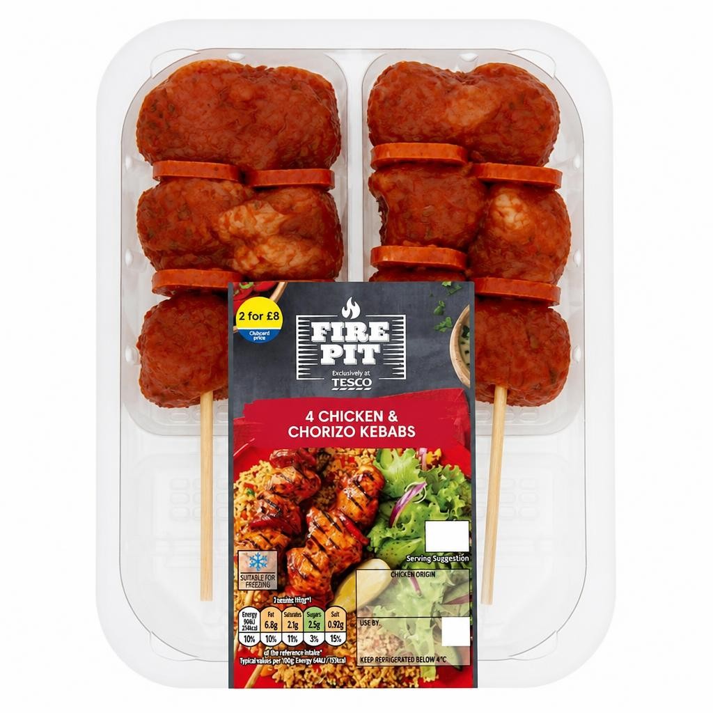 Tesco 4 Bbq Chicken & Chorizo Kebabs 272G