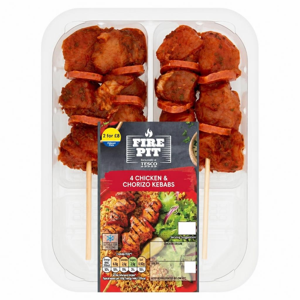 Tesco 4 Bbq Chicken & Chorizo Kebabs 272G
