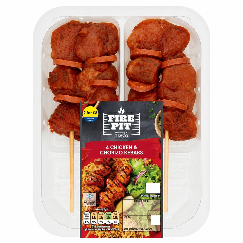 Tesco 4 Bbq Chicken & Chorizo Kebabs 272G