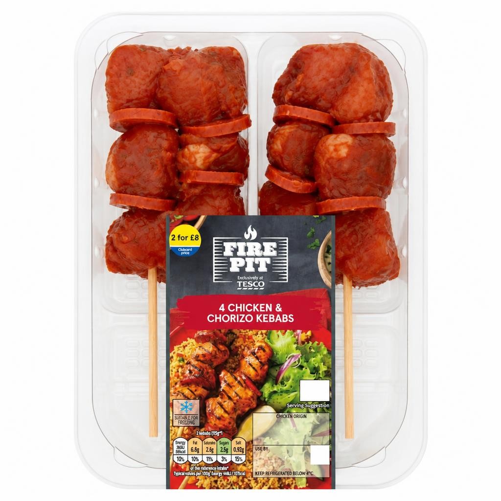 Tesco 4 Bbq Chicken & Chorizo Kebabs 272G