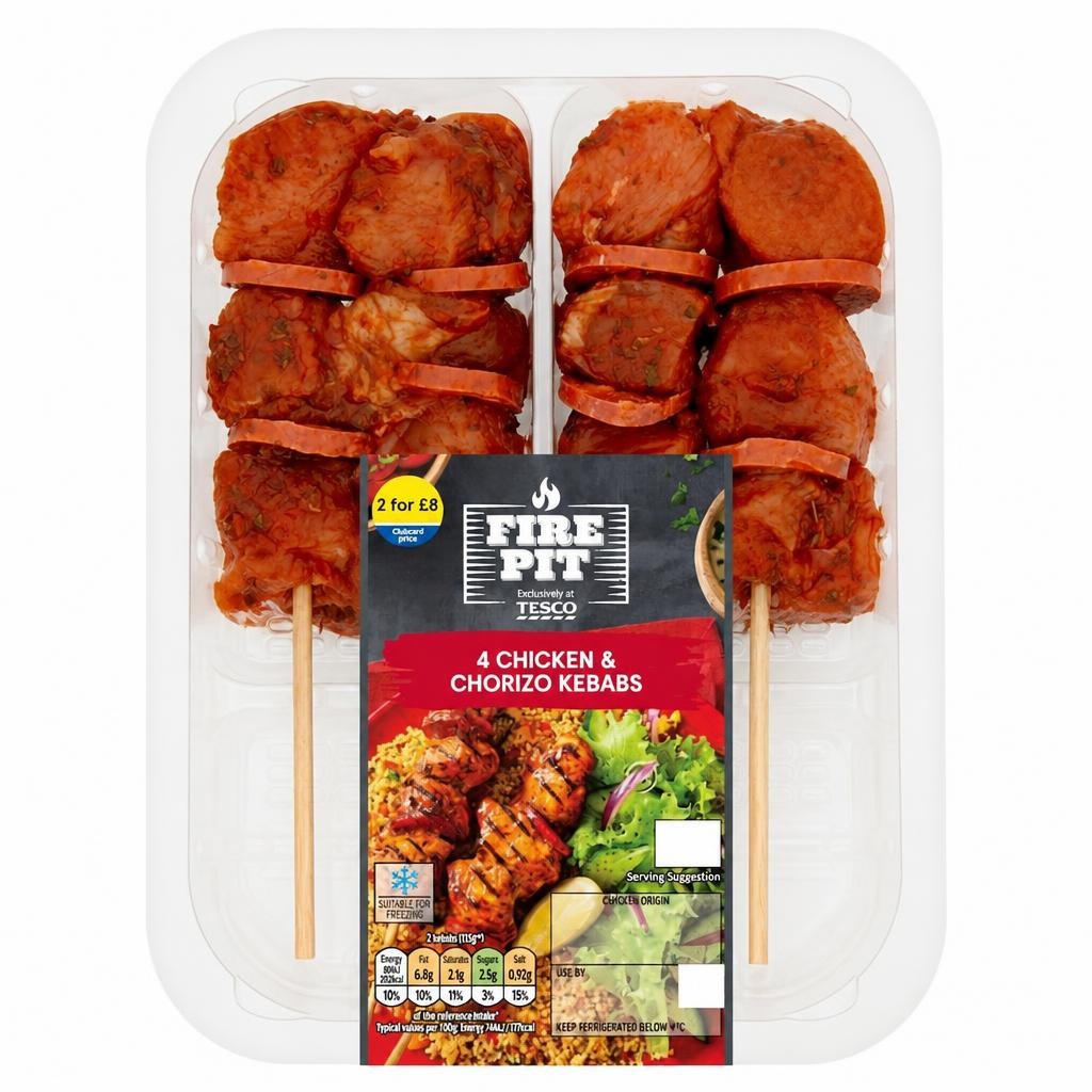 Tesco 4 Bbq Chicken & Chorizo Kebabs 272G
