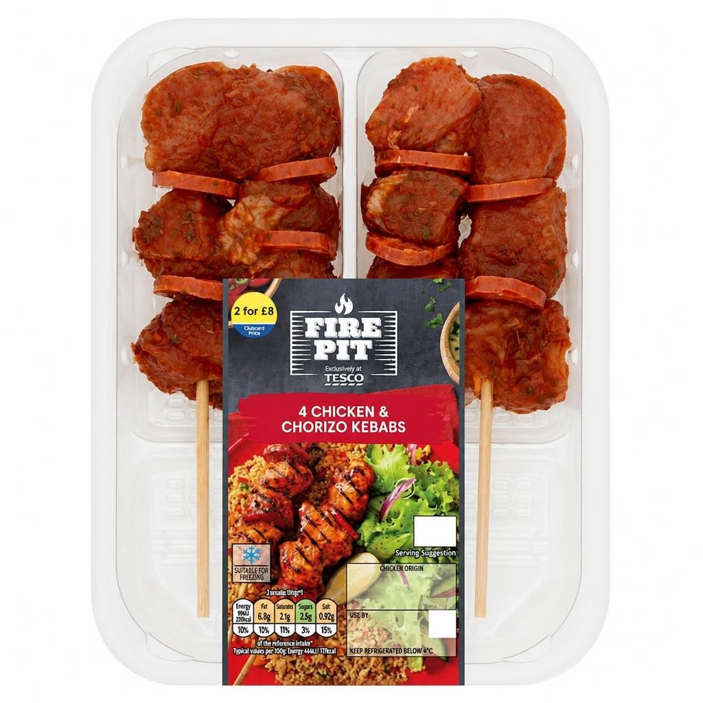 Tesco 4 Bbq Chicken & Chorizo Kebabs 272G